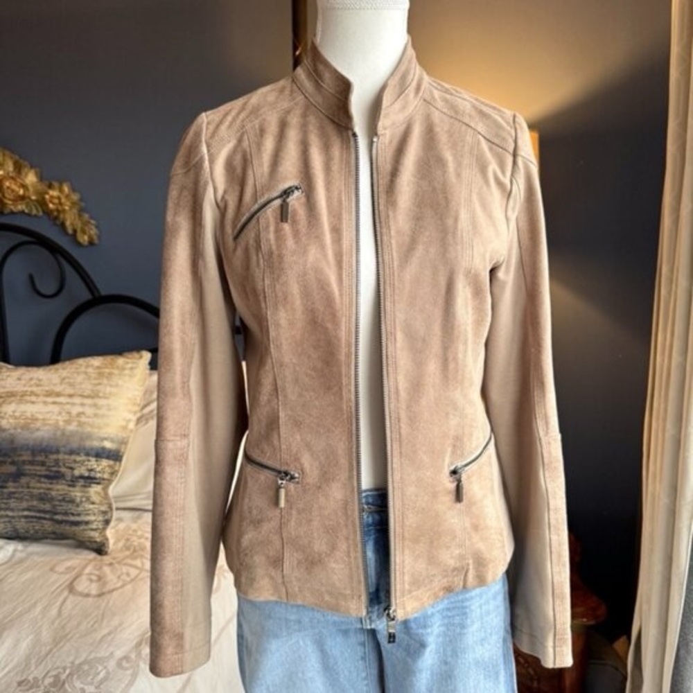 Olsen Europe Soft Tan Moto Faux Suede Jacket